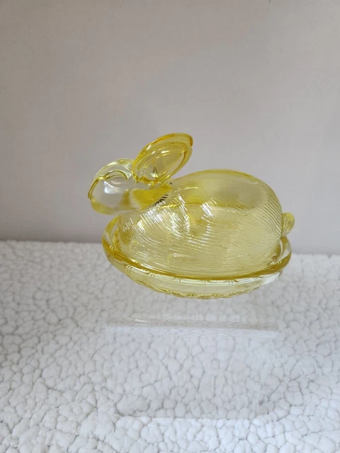 Vintage Clear Yellow Glass Bunny Rabbit on Basket Weave Nest Covered Dish Easter