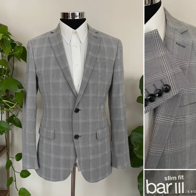 Bar III Mens Two-Button Blazer Poly Blend Plaid Sport Coat Jacket Size 38R