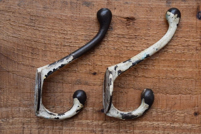 Pair Reclaimed Old Painted Coat Hooks pegs rack stand vintage original antique 7