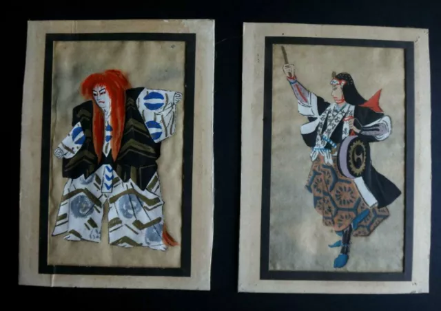 2 anciens dessins théatre kabuki samourai Old japanese estampe painting XIX