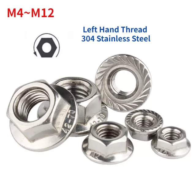 Left Hand Thread 304 Stainless Steel Hex Flange Nuts Serrated Lock Nut M4 M5~M12