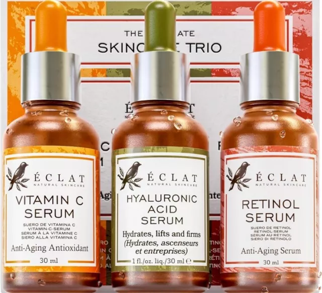 3-PACK Eclat Facial Serums Set Vitamin C, Hyaluronic Acid, Retinol Face Serum