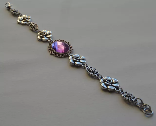 Camellia Filigree Victorian Styl Faceted Lilac Purple Silver Plated Bracelet Cfb