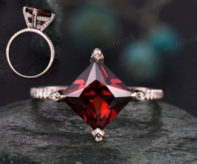 princess cut red garnet engagement ring pyramid under halo basket wedding ring
