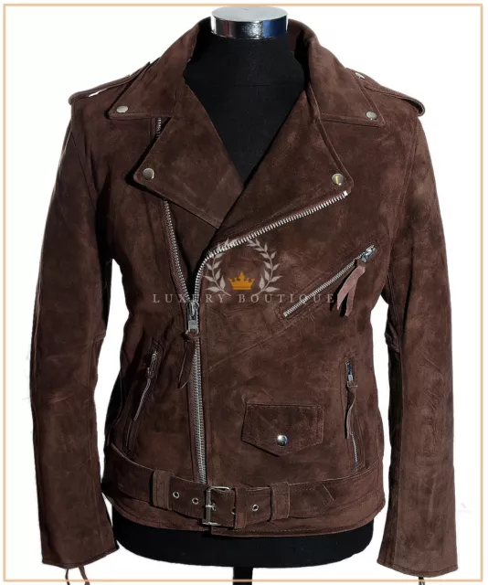 Men's Brando Brown Suede Motorcycle Biker Cruiser Style Cowhide Leather Jacket