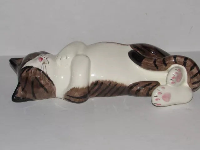 Vintage N S Gustin Kitty Cat Ceramic Figurine, Brown, Black Stripes, White Belly