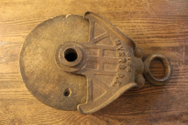 Old Myers Cast Iron Body with Single Wooden Wheel Pulley Iron Eyelet-No Hook