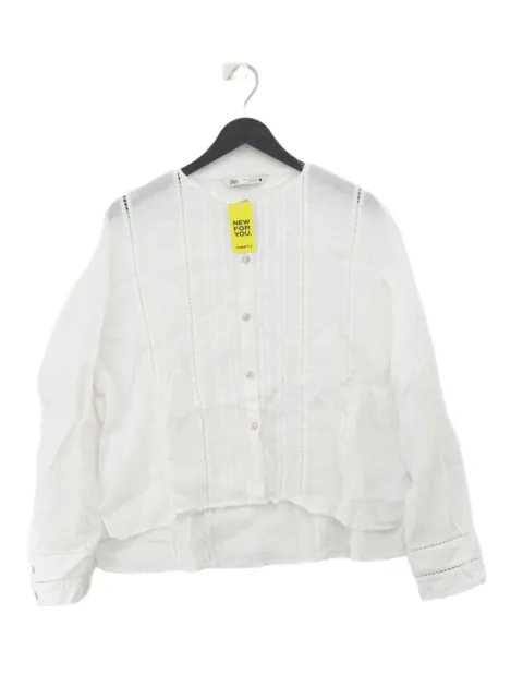 Zara Women's Blouse XS White 100% Cotton Long Sleeve Round Neck Basic