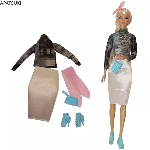 Fashion Dolls Set For Barbie Doll T-shirt Top Skirt Shoes Headband Handbag Purse