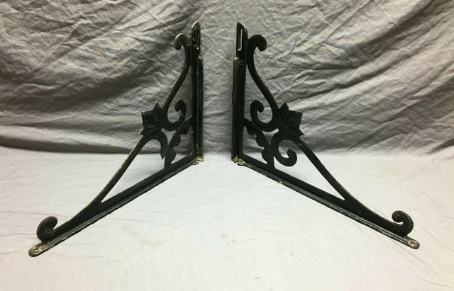 Antique VTG Pair Cast Iron Shelf Sink Brackets Decorative Floret Black 985-21B