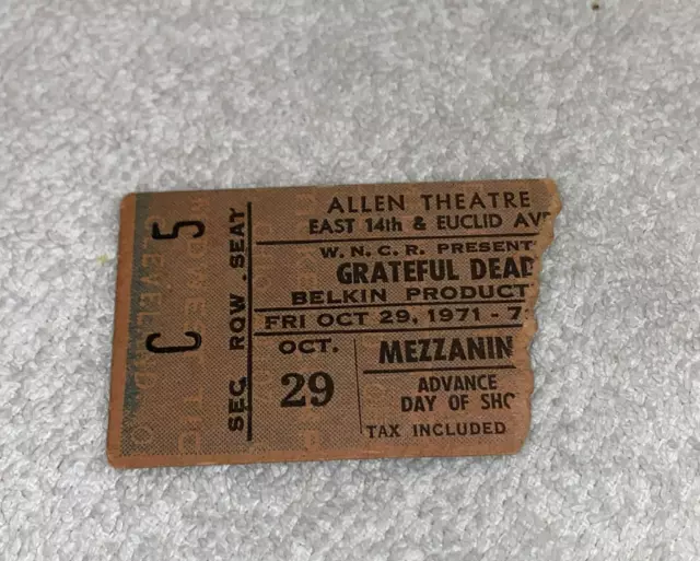 GRATEFUL DEAD 1971  ORIGINAL CONCERT TICKET STUB Cleveland Ohio Jerry Garcia