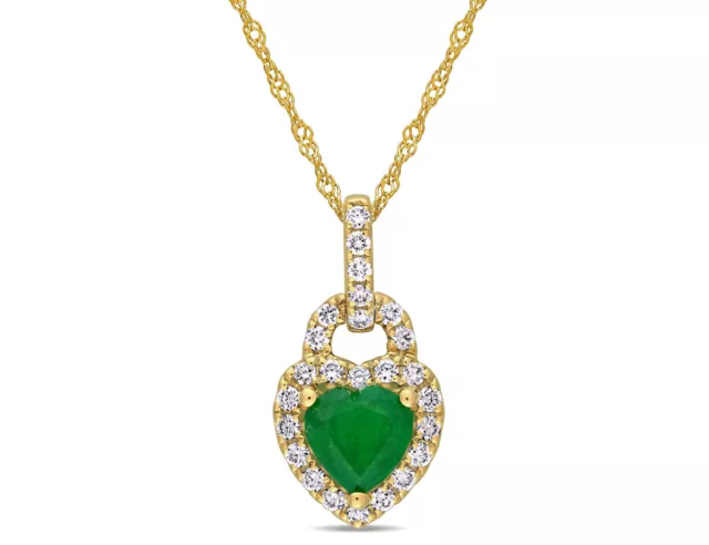 2/3 Carat (ctw) Emerald Heart Pendant Necklace in 14K Yellow Gold with Diamonds