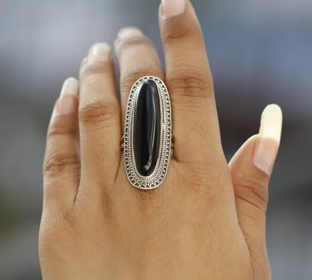 Large Black Onyx Ring 925 Sterling Silver Boho Statement Ring Women Ring Size