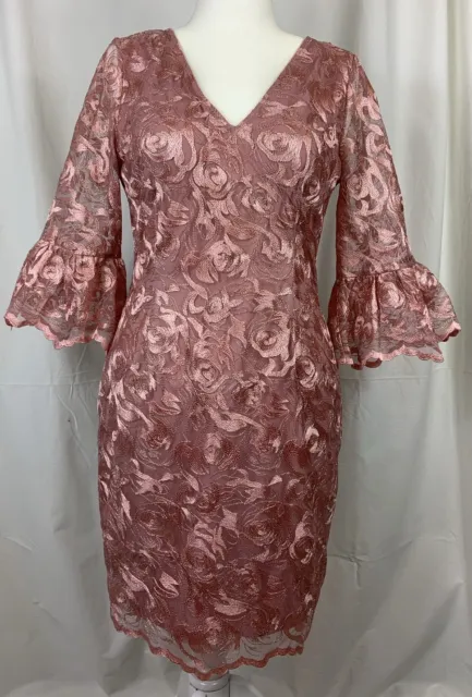 Adrianna Papell Women's Lace Embroidered Sheath Half Sleeve Dress Size 10