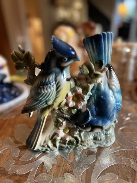Vintage Japan Ceramic Blue Jays Hand Painted Figurine iridescent Chippy Shabby