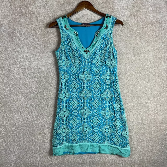 Hale Bob Sheath Dress Womens Size Small Teal Sleeveless Crochet Lace Embellished