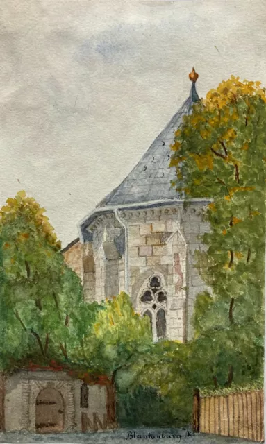 Aquarelle Impressionniste Balan Église Entrée Anonyme