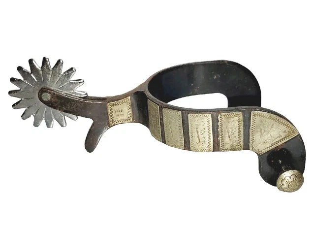 Vintage Silver Mounted Hand Made & Engraved Mens Spur No Jingle Bob
