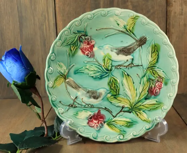 Antique French Wall Plate Majolica Art Nouveau ONNAING Birds & Berries Victorian