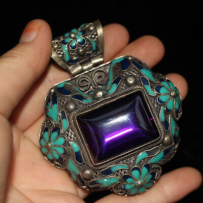 Chinese Old Craft  Made Old Tibetan Silver Cloisonne Inlaid Zircon Pendant