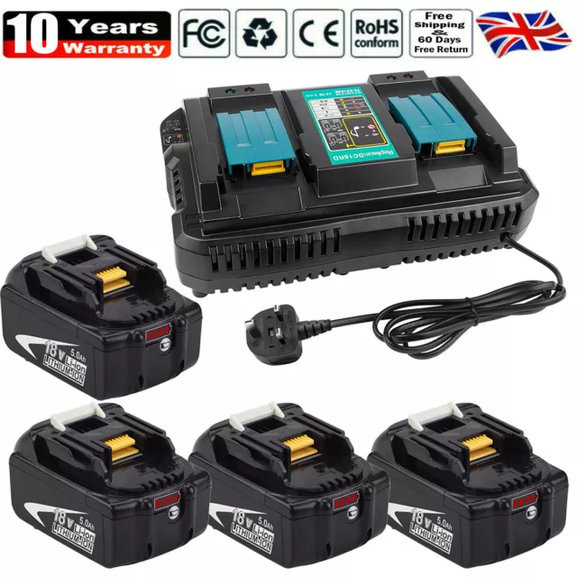 18V Makita Battery BL1850B 5.0Ah BL1860B BL1815N LXT Fast 2-Ports Charger DC18RD