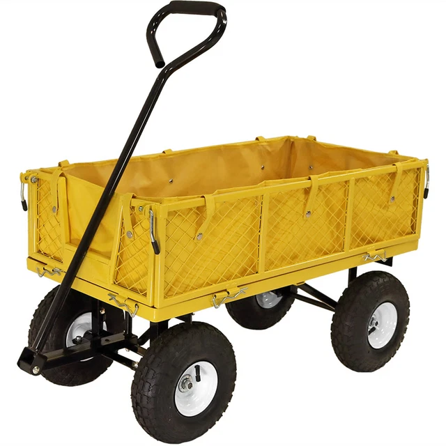 Sunnydaze Outdoor Yellow Utility Garden Cart with Folding Sides and Liner Set