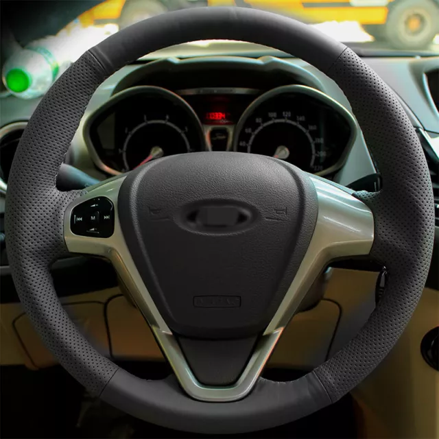 Black Genuine Leather Hand-stitched Car Steering Wheel Cover for Ford Fiesta