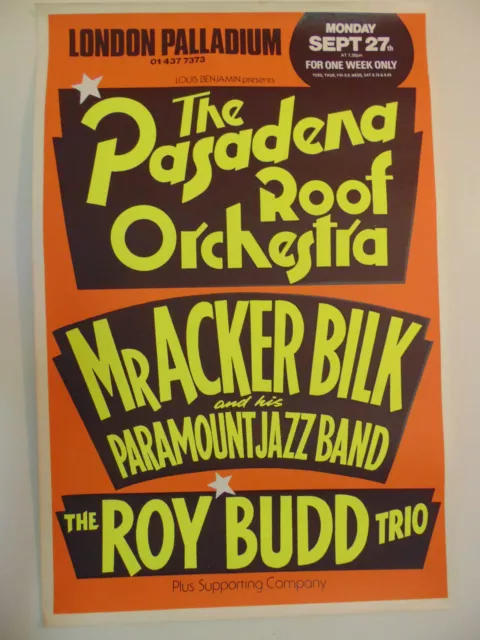 The Pasadena Roof Orchestra London Palladium theatre poster (1970s, Acker Bilk)