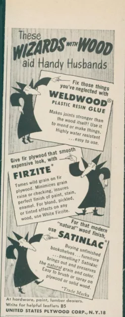 1951 Wizards Of Wood Weldwood Glue Firzite Satinlac Wand Vintage Print Ad BH1