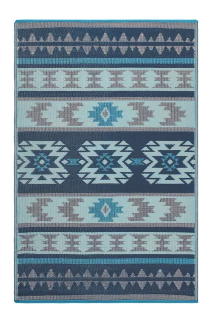 Cusco Tribal Blue Toned Recycled Plastic Reversible Outdoor Rug and Mat