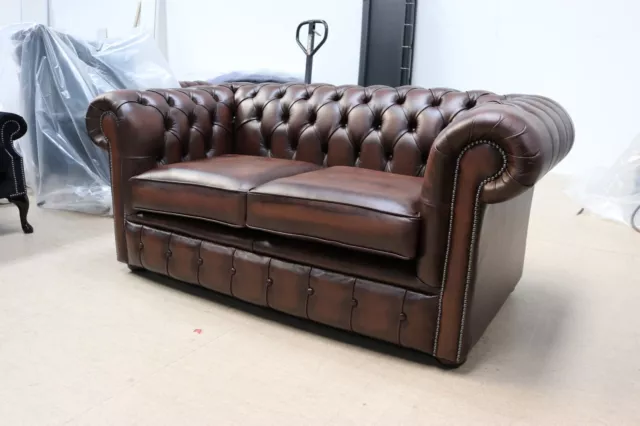 Chesterfield 2 Seater Sofa Real Leather Vintage Brown Made In England