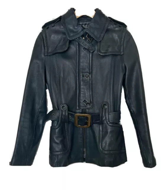 Mackage Black Leather and Wool Moto Zip Belted Jacket Coat size Medium CA #23702