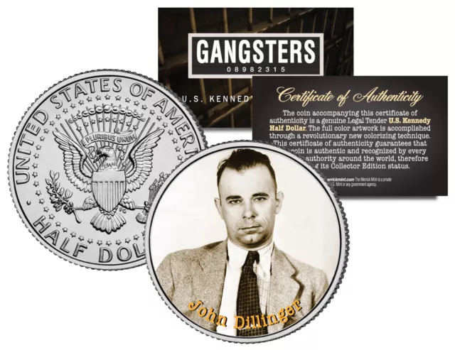 JOHN DILLINGER Gangster Bank Robber JFK Kennedy Half Dollar US Colorized Coin
