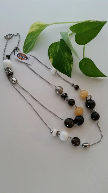 Fossil Necklace Women’s Stainless Steel Assorted Smoky Quartz Beads Long Necklac