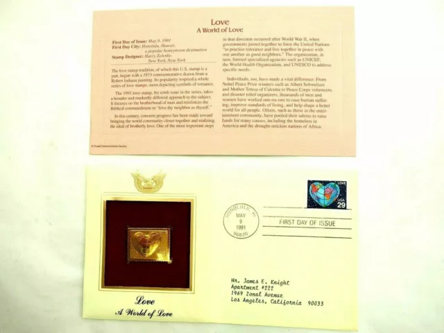 Love-A World of Peace- 22k Gold Stamp Replica 1st Day Issue 5,9,1991