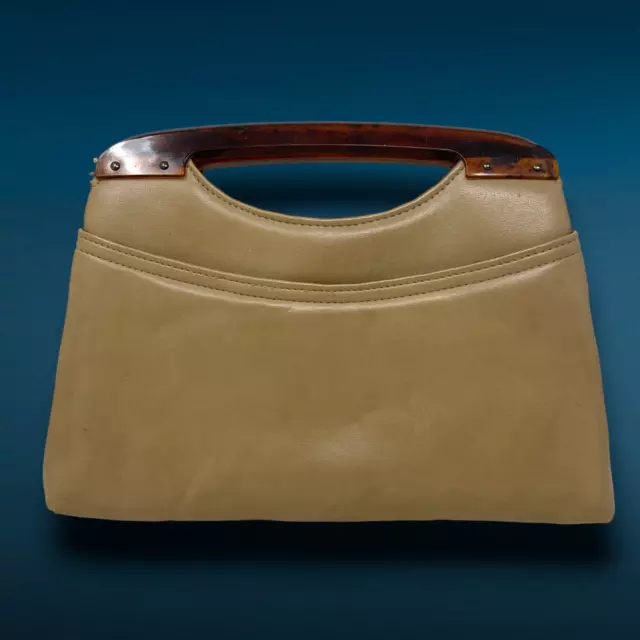 Vintage Waxed Tan Leather Tortoiseshell Acrylic Handle Clutch Purse Bag Handbag