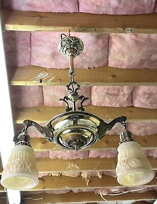 RESTORED Antique Vtg Arts Crafts Deco Victorian Brass Pan Chandelier Light 2 Arm