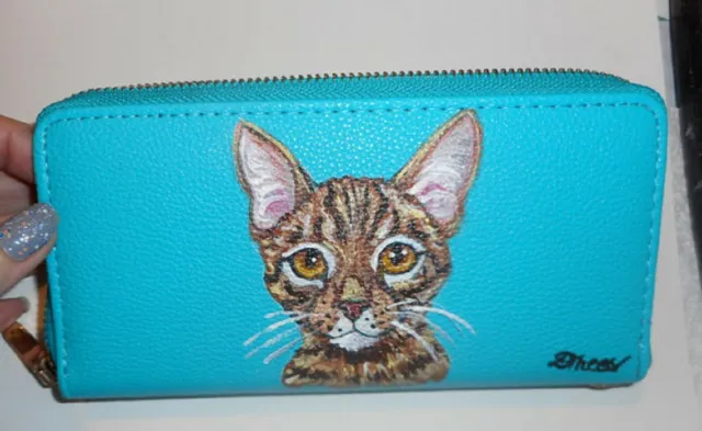 Ocicat Cat Wallet for Women Hand Painted Vegan Leather