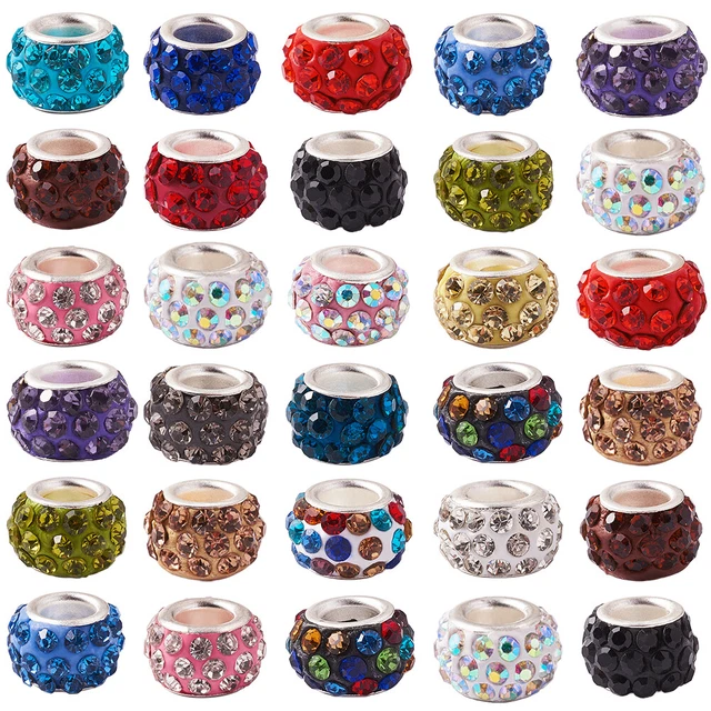 100x Rhinestone Glass European Rondelle Beads 12mm Polymer Clay Large Hole