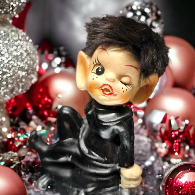 Winking Elf Figurine Furry Hair Pointy Ears DABS Japan 1960s Black Pixie