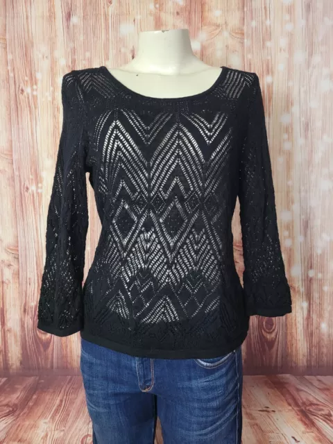 Ralph Lauren Women's Petite Linen Blend BLACK Crochet 3/4 Sleeve Sweater Size L