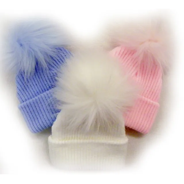 Baby Fur Bobble Pom Pom Hat Girl Boy Pink White Blue Grey Newborn Hospital Hat