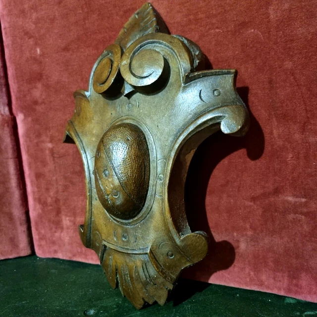 Scroll leaf crowned wood carving pediment - Antique French architectural salvage