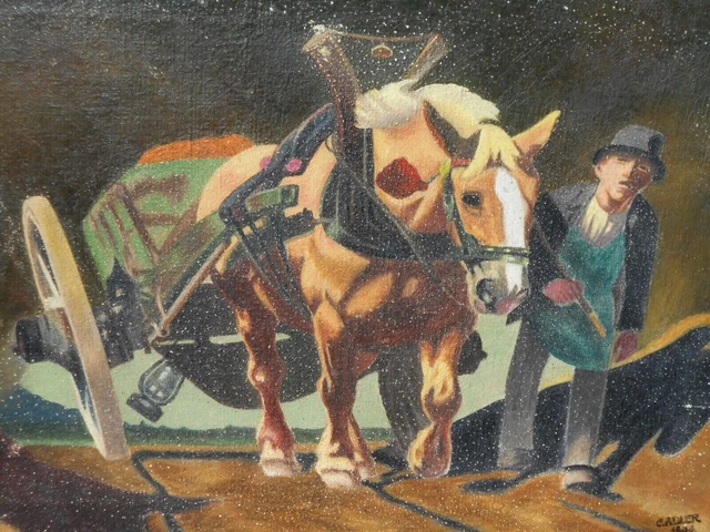 Tableau Ancien Huile sur Toile HST Ecole Française Cheval Animaux Paysage Signe