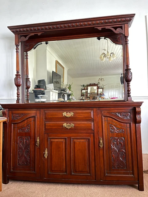 Antique Dark Wood Victorian Edwardian Mirror Back Sideboard Cabinet - Base & Top