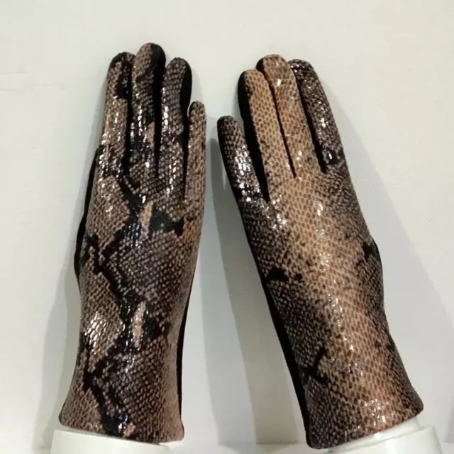 Faux Animal Leather Gloves - Women Winter Velvet Snakeskin Pattern Driving Glove