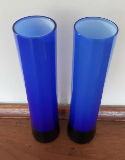 2 Bud Vases Cobalt Blue and White Vintage Cased Glass Blown Art Glass Floral