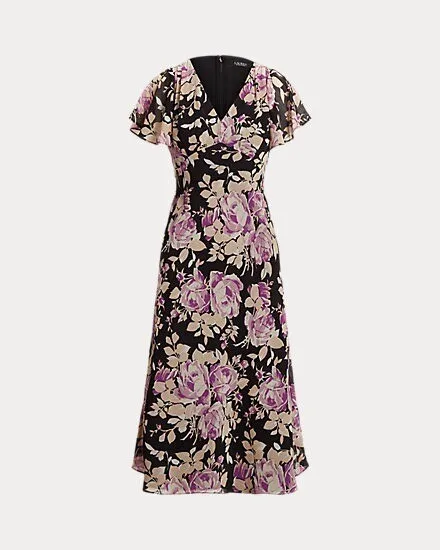 Ralph Lauren Women’s Size 10 Petite Black Purple Floral Georgette Midi Dress New