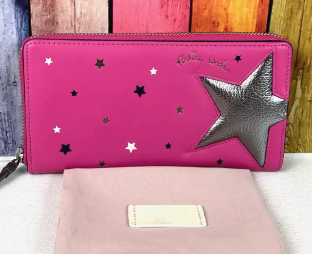 Radley Night Shift Large Bright Pink Leather Zip Matinee Purse Wallet New