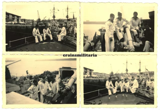 4x Orig. Foto Minensuchboot M-24 Schiff m. Geschütz Matrosen Hafen in Frankreich